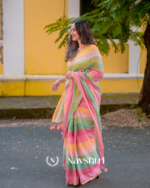 Sunlit Bloom - Yellow, Green & Pink Stripe Linen Saree with Blouse Piece - Image 6