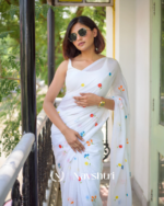 White Soft Mulmul Cotton Saree with Colorful Floral Embroidery, with Blouse Piece - Image 6