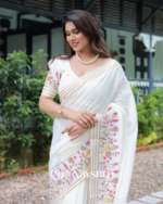 White Soft Mulmul Cotton Saree with Beautiful Multicolor Thread Embroidery, with Blouse Piece - Image 6