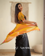 Megh Agni - Deep Black Saree with Radiant Saffron Border-Pallu & Blouse Piece - Image 6