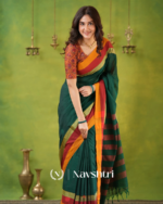 Green Mulmul Cotton Saree with Mustard & Maroon Contrast Borders (With Blouse) - Image 6