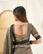 Coffee Brown Mulmul Cotton Saree with Black Border & Golden Detailing with blouse piece - Image 6