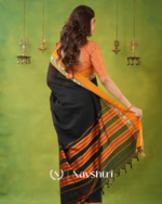 Black Mulmul Cotton Saree with Mustard Border & Elephant Weave, with Blouse Piece - Image 6