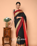 Black & Red Mulmul Cotton Saree with Golden Triangle Border, with Blouse Piece