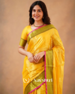Yellow Tissue Cotton Saree with Olive Border & Pink Piping, With Blouse Piece - Image 6