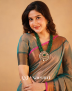 Teal Grey Tissue Cotton Saree with Copper Border & Pink Piping, With Blouse Piece - Image 3