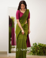 Green Mulmul Cotton Saree with Contrast Wine Blouse Piece - Image 6