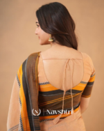 Peach Soft Mulmul Cotton Saree with Contrast Border Design with Blouse Piece - Image 6