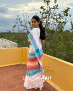 Megh Dhanush - White Linen Saree with Rainbow Stripes & Blouse Piece - Image 6