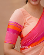 Peach Pink Mulmul Cotton Saree with Vibrant Contrast Border & Blouse Piece - Image 6