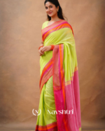 Lime Green Mulmul Cotton Saree with Pink & Orange Contrast Border & Blouse Piece - Image 6