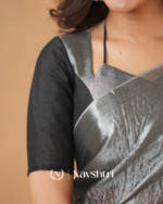 Black & Silver Tissue Cotton Saree with Blouse Piece - Image 6