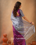 Purple & Silver Tissue Cotton Saree with Blouse Piece - Image 6