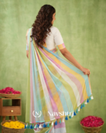 Pastel Multicolor Striped Mulmul Cotton Saree Saree with Blouse Piece - Image 6