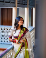 White Mulmul Cotton Saree with Multicolor Woven Striped Pallu & Matching White Blouse Piece - Image 6