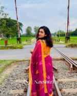 Rang Surya - Pink Linen Saree with Yellow Border & Design with Blouse Piece - Image 7