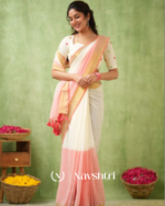 White & Peach Mulmul Cotton Saree with Golden Woven Border & Matching White Blouse Piece - Image 6