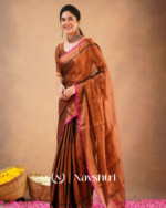 Brown Tissue Cotton Saree with Black Thread Detailing with Matching Blouse Piece - Image 6