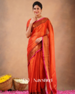 Rust Orange Tissue Cotton Saree with Copper Border & Blouse Piece - Image 6