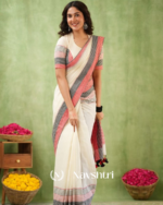 Ivory Mulmul Cotton Saree with Pink & Black Striped Pallu & Matching Ivory Blouse Piece - Image 6