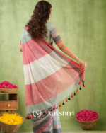 Grey Mulmul Cotton Saree with Pink & Black Striped Pallu & Matching Grey Blouse Piece - Image 6