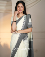 White MulMulmul Cotton Saree with Grey Border Motif & Matching Off-White Blouse Piece - Image 6
