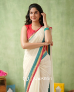 White Mulmul Cotton Saree with Teal & Pink & Gold Border & Red Blouse Piece - Image 6