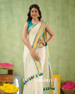 White Mulmul Cotton Saree with Teal & Gold Border & Matching Teal Blouse Piece