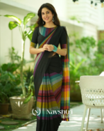 Black Mulmul Cotton Saree with Multicolor Striped Pallu & Matching Black Blouse Piece - Image 6