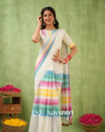 White Mulmul Cotton Saree with Multicolor Pastel Striped Pallu & Matching White Blouse Piece - Image 6
