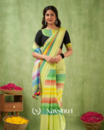Light Green Mulmul Cotton Saree with Multicolor Striped Pallu & Matching Light Green Blouse Piece - Image 6