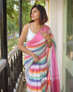 Pink Mulmul Cotton Saree with Multicolor Striped Pallu & Matching Pink Blouse Piece - Image 6