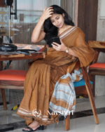 Tejas Dhara - Saffron Linen Saree with Silver Border Design & Blouse Piece - Image 6