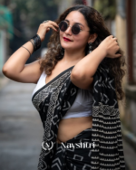 Black Color 1 Minute Ready To Wear Mulmul Cotton Digital Printed Saree With Pocket - Image 6
