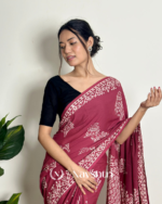 Marron Color 1 Minute Ready To Wear Mulmul Cotton Digital Printed Saree With Pocket - Image 6