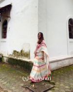 Pratham Jyot - Pure White Linen Saree with Vibrant Multicolor Stripe Border & Blouse Piece - Image 6