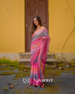 Gulab Surya - Pink & Saffron Striped Linen Saree with Blouse Piece