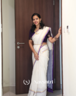 Shubhra Suvarna - Pure White Linen Saree with Purple & Golden Border Line with Blouse Piece - Image 7