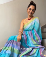 Megha Kamal - Blue & Pink Multi-Stripe Saree with Blouse Piece - Image 7