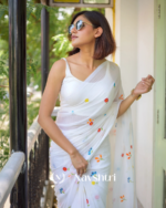 White Soft Mulmul Cotton Saree with Colorful Floral Embroidery, with Blouse Piece - Image 7