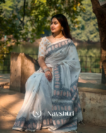 Shashi Varna - Pure White Linen Saree with Contrast Black Border & Blouse Piece - Image 7