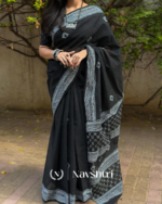 Tamas Rekha - Elegant Black Saree with Striking White Border & Blouse Piece - Image 8