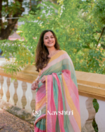Sunlit Bloom - Yellow, Green & Pink Stripe Linen Saree with Blouse Piece - Image 7