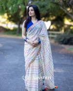 Shashi Lehar - Moonlight Checks White Linen Saree with Square Patterns & Border with Blouse Piece