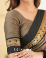 Coffee Brown Mulmul Cotton Saree with Black Border & Golden Detailing with blouse piece - Image 7