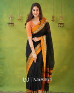 Black Mulmul Cotton Saree with Mustard Border & Elephant Weave, with Blouse Piece - Image 7