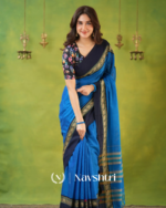 Royal Blue Mulmul Cotton Saree with Navy Border & Elephant Weave, with Blouse Piece - Image 7