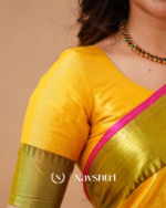Yellow Tissue Cotton Saree with Olive Border & Pink Piping, With Blouse Piece - Image 7