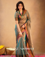Teal Grey Tissue Cotton Saree with Copper Border & Pink Piping, With Blouse Piece - Image 2