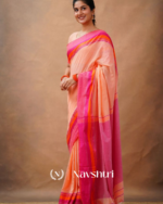 Peach Pink Mulmul Cotton Saree with Vibrant Contrast Border & Blouse Piece - Image 7
